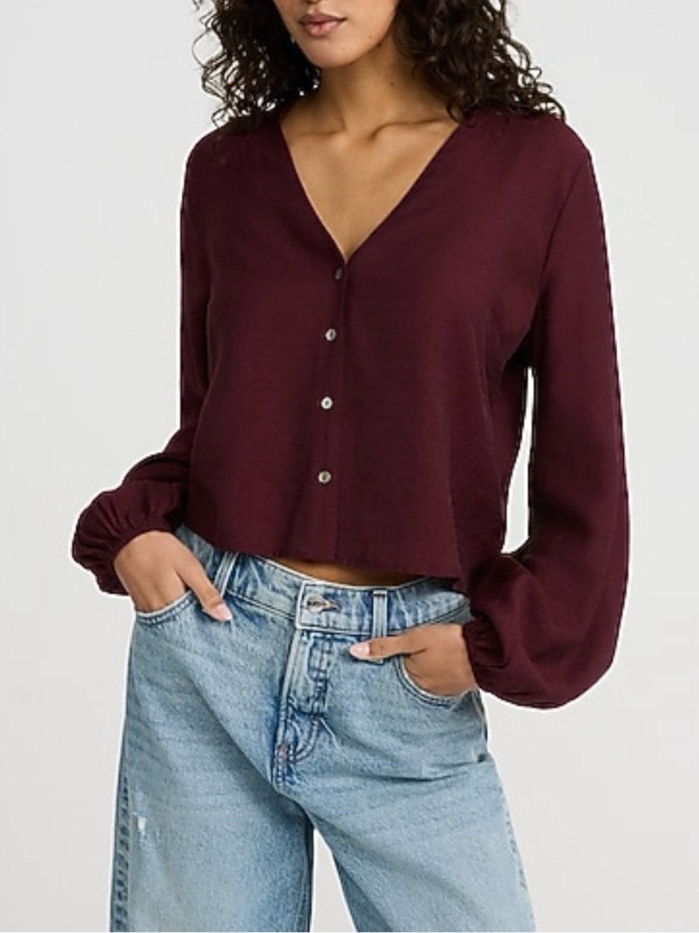 NWT V-Neck Button Front Blouse in Burgundy